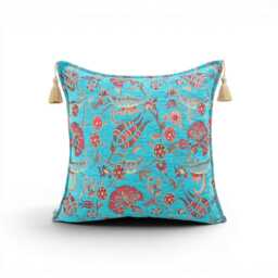 Turkish Fabric Pillow Cover 20x20, Turquoise Blue Boho Throw Pillow, Caucasus Carnation Pattern Decorative Sofa Accent Ethnic Cushion Case