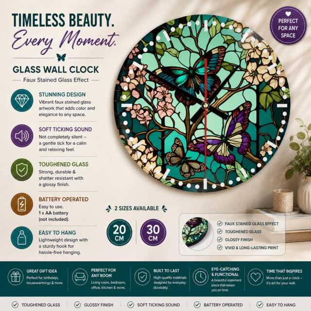 Butterfly Round Glass Wall Clock Faux Stained Decor - image 1