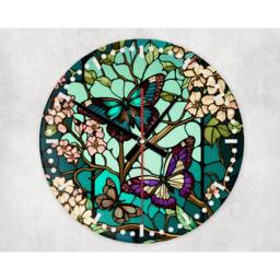 Butterfly Round Glass Wall Clock Faux Stained Decor - thumbnail 2