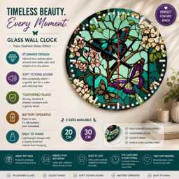 Butterfly Round Glass Wall Clock Faux Stained Decor