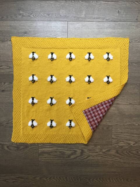 Reversible Baby Bees Blanket, Handknit, Fuzzy Bees, Flannel On Reverse - Optional 3 Sizes - image 1