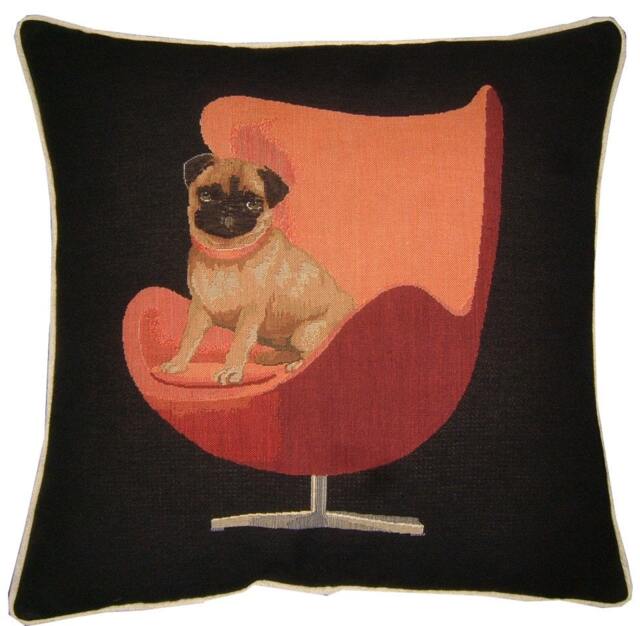 Pug On A Red Retro Chair Black Tapestry Cushion Cover Sham - image 1