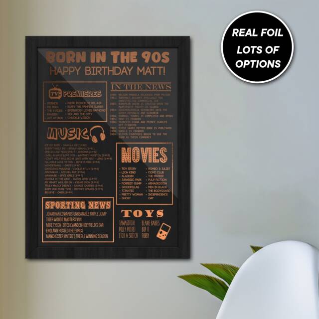 Metallic Genuine Foiled Birthday Wall Art Print, Born in The 90S Personalised Foil Gift - image 1