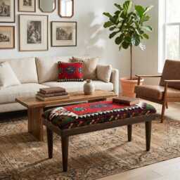 Vintage Ottoman Bench, Piano Chair, Bedroom Stool, Foot Kilim Rug Furnitures - thumbnail 2