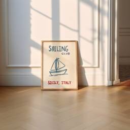 Sailing Club Unframed Print - Coastal Wall Art Bathroom Decor Gifts For Sail Lovers Boat Prints Blue - thumbnail 1