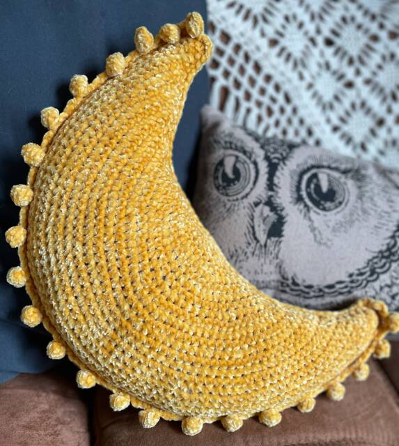 Handcrafted Crochet Velvet Moon Pillow Plush Boho Accent For