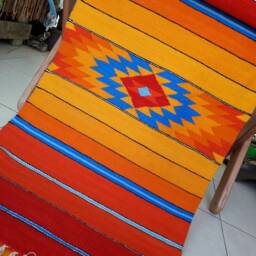 Handwoven Wool Area Rug Farmhouse Kilim Runner, Red Orange Blue - thumbnail 2