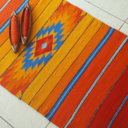 Handwoven Wool Area Rug Farmhouse Kilim Runner, Red Orange Blue - thumbnail 1