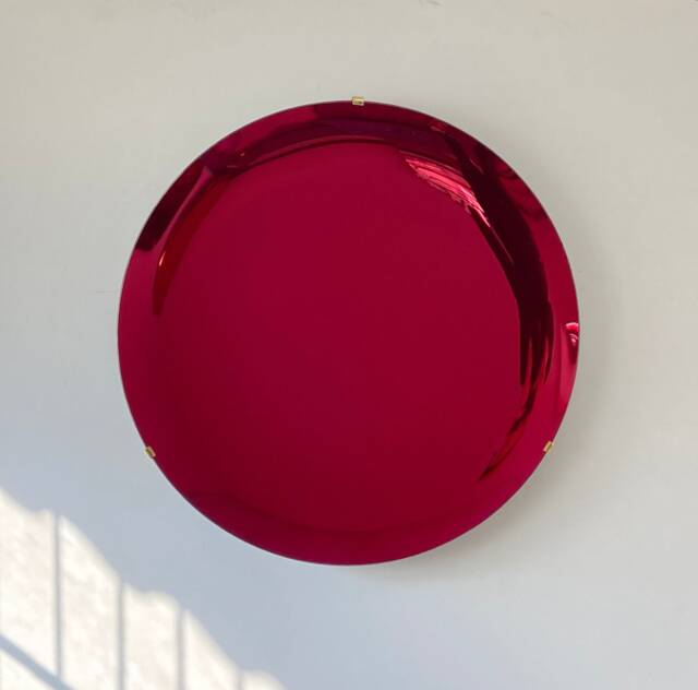 Handcrafted Ruby Red Concave Mirror Space Age Decor, Brass Clips - image 1