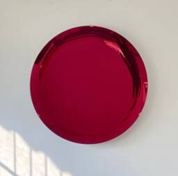Handcrafted Ruby Red Concave Mirror Space Age Decor, Brass Clips - thumbnail 1