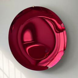 Handcrafted Ruby Red Concave Mirror Space Age Decor, Brass Clips - thumbnail 3