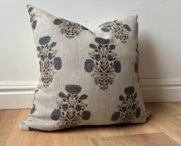 Authentic Boho Floral Indian Hand Block Stamped Linen Print Pillow Cover Blue Amber Brown Natural Available in Multiple Sizes Scandinavian - thumbnail 1
