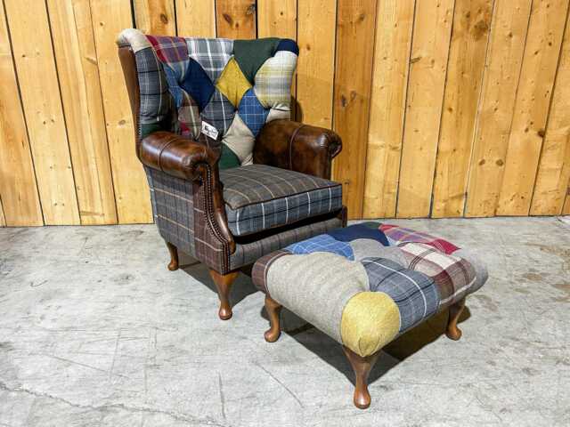 Handmade Chesterfield Wing Chair Cotswold Patchwork & Antique Tan Leather - image 1