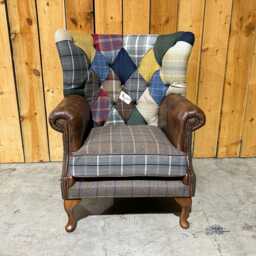 Handmade Chesterfield Wing Chair Cotswold Patchwork & Antique Tan Leather - thumbnail 3