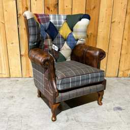 Handmade Chesterfield Wing Chair Cotswold Patchwork & Antique Tan Leather - thumbnail 2