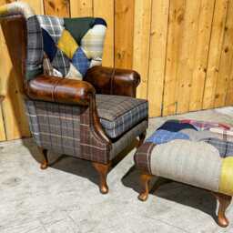 Handmade Chesterfield Wing Chair Cotswold Patchwork & Antique Tan Leather - thumbnail 4