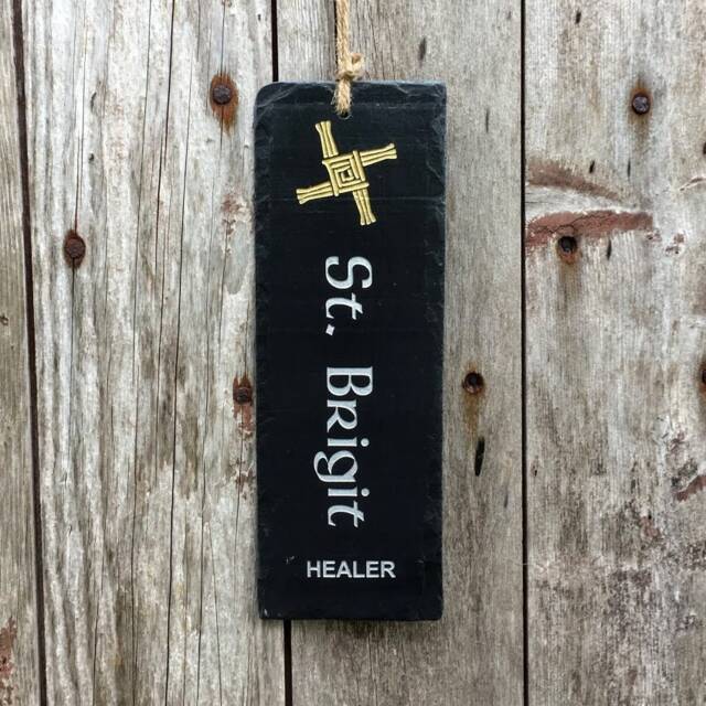 st. Brigit Slate Wall Hanging With Rush Cross - Irish Saint Decor, Healer Gift - image 1