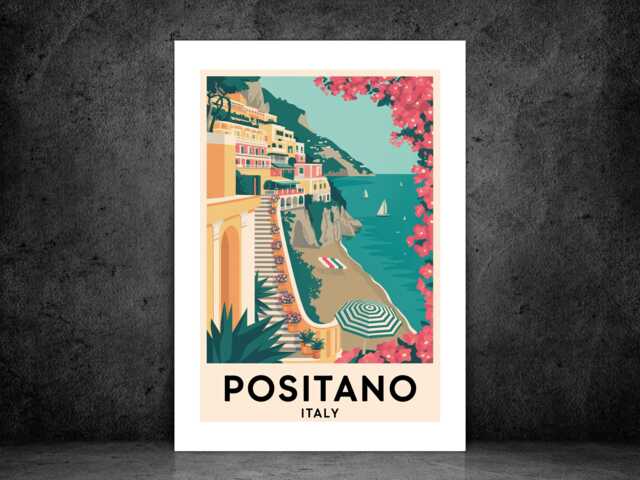 Positano Italy Travel Poster - Vintage Wall Print Coastal Landscape Art Amalfi Destination A5 A4 A3 Framed Or Unframed - image 1