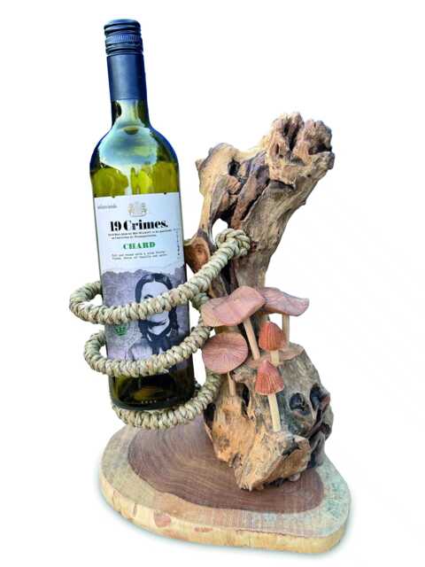 Driftwood Wine Bottle Holder With Hand-Carved Mushroom Forest - image 1