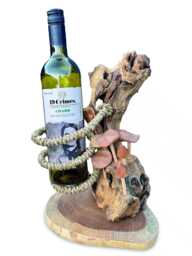 Driftwood Wine Bottle Holder With Hand-Carved Mushroom Forest