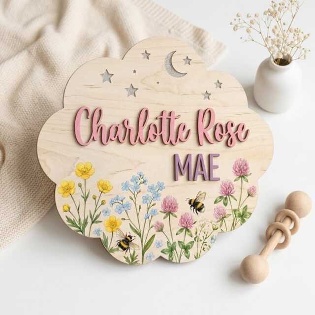 Personalized Wildflower Nursery Name Sign, Custom Cloud Wooden Plaque, Bee Floral Decor, Baby Girl Room Wall Art - image 1
