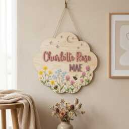 Personalized Wildflower Nursery Name Sign, Custom Cloud Wooden Plaque, Bee Floral Decor, Baby Girl Room Wall Art - thumbnail 2