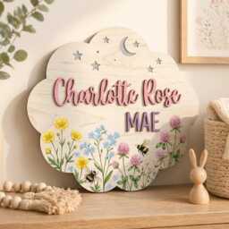 Personalized Wildflower Nursery Name Sign, Custom Cloud Wooden Plaque, Bee Floral Decor, Baby Girl Room Wall Art - thumbnail 3