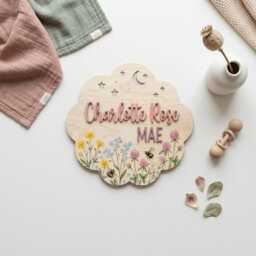 Personalized Wildflower Nursery Name Sign, Custom Cloud Wooden Plaque, Bee Floral Decor, Baby Girl Room Wall Art - thumbnail 4