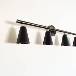 Modern Black Wall Sconce Cone Shades, Raw Brass Accents - thumbnail 3