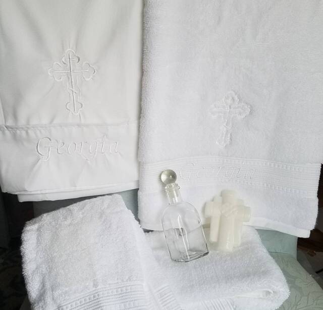 For Aliki Everything Embroidered White Baptism Towels For Greek Orthodox Baptism, Bath Towel & 2 Hand Towels All Embroidered. In - image 1