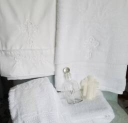 For Aliki Everything Embroidered White Baptism Towels For Greek Orthodox Baptism, Bath Towel & 2 Hand Towels All Embroidered. In - thumbnail 1