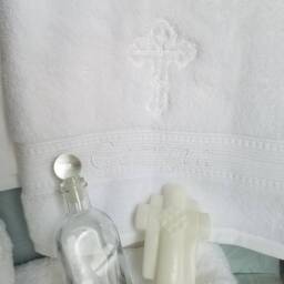 For Aliki Everything Embroidered White Baptism Towels For Greek Orthodox Baptism, Bath Towel & 2 Hand Towels All Embroidered. In - thumbnail 2