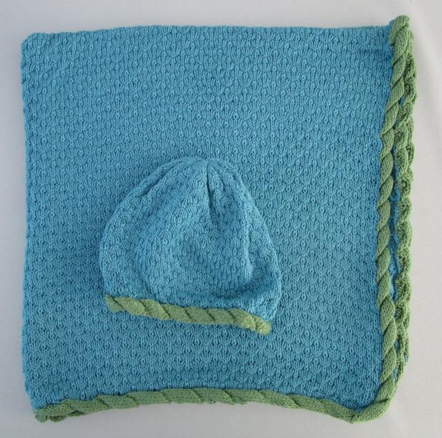 Bamboo Baby Blanket & Hat - Turquoise With Green Trim - image 1