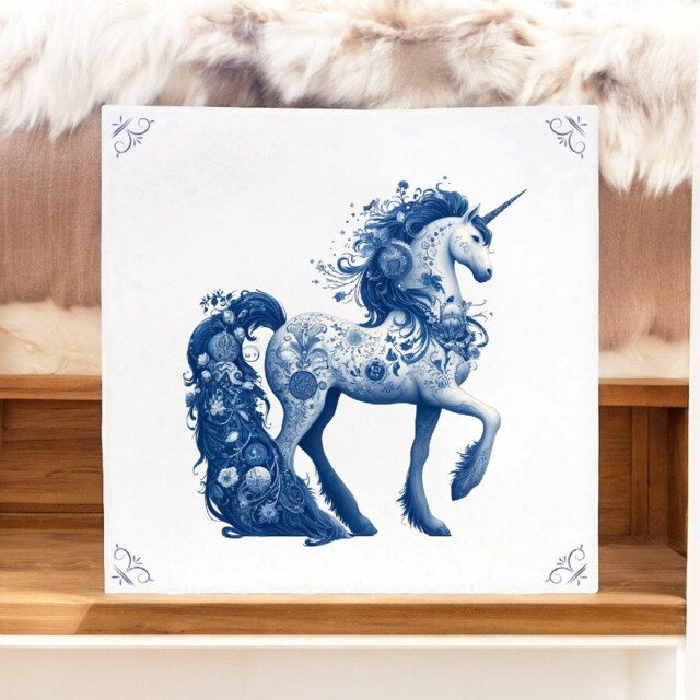 Unicorn, Tile, Delft Blue, Kitchen Bathroom Wall Art, Blue Ceramic, Backsplash, Horse, Fairytale - image 1