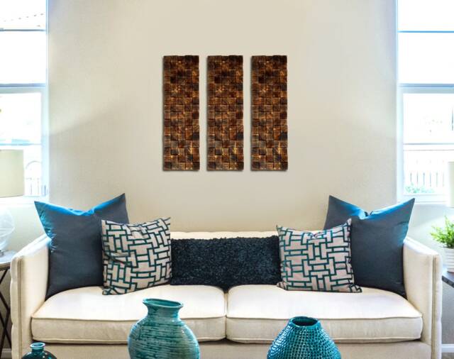 Pine Wood Mosaic Wall Art Set Of 3 Scandinavian Panels - image 1