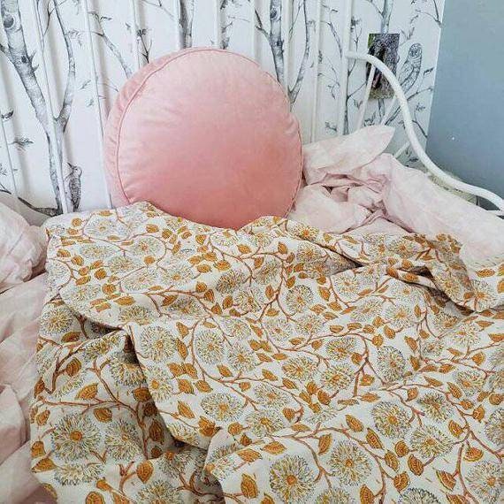 Christmas Sale Beautiful Orange Floral Indian Handblock Kantha Quilt Perfect Bed Matching Bedspread Size Multi - image 1