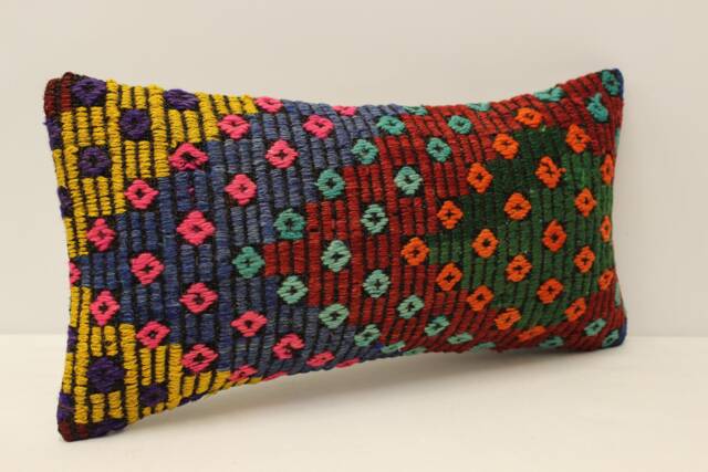 Vintage Turkish Kilim Pillow Cover, Hand-Woven Wool Lumbar Cushion - 10x20 In - image 1