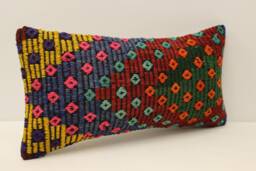 Vintage Turkish Kilim Pillow Cover, Hand-Woven Wool Lumbar Cushion - 10x20 In