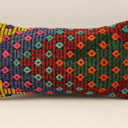 Vintage Turkish Kilim Pillow Cover, Hand-Woven Wool Lumbar Cushion - 10x20 In - thumbnail 2