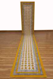 Handmade Cotton Block Printed Rug - 3x12 Feet Yellow & Blue Dhurrie Living Room Carpet - thumbnail 1