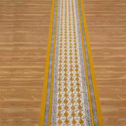 Handmade Cotton Block Printed Rug - 3x12 Feet Yellow & Blue Dhurrie Living Room Carpet - thumbnail 3