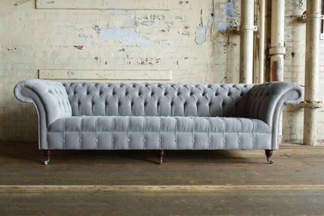 British Handmade 4 Seater Silver Grey Textured Velvet Fabric Chesterfield Sofa, Couch, Settee - image 1