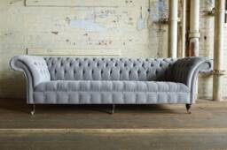 British Handmade 4 Seater Silver Grey Textured Velvet Fabric Chesterfield Sofa, Couch, Settee - thumbnail 1