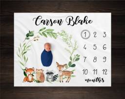 Woodland Milestone Blanket, Baby Animal Monthly Photo Blanket Growth Tracker, Personalized - thumbnail 1