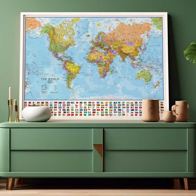Political World Map With Flags Poster - Home, Wall Hanging, Map Of The World, Push Pin Map, Gift, Study, World Free Shipping - image 1