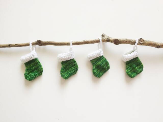 Four Handknitted Small Mini Tiny Little Christmas Stocking Tree Decoration Green White Set Of 4 Ready To Ship - image 1