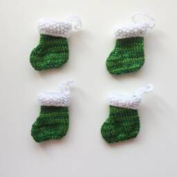 Four Handknitted Small Mini Tiny Little Christmas Stocking Tree Decoration Green White Set Of 4 Ready To Ship - thumbnail 3