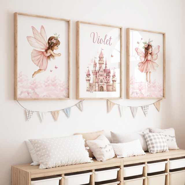 Personalized Princess Wall Art Set Fairy Castle Nursery Decor - image 1