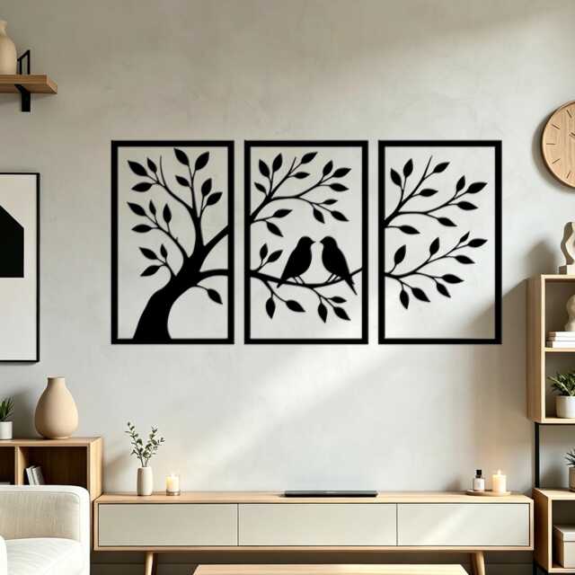 Set Of 3 Tree Love Birds Metal Wall Art Set, Branch Couple Iron Hanging, Nature Silhouette Living Room Home Decor - image 1