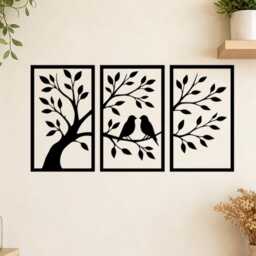Set Of 3 Tree Love Birds Metal Wall Art Set, Branch Couple Iron Hanging, Nature Silhouette Living Room Home Decor - thumbnail 2